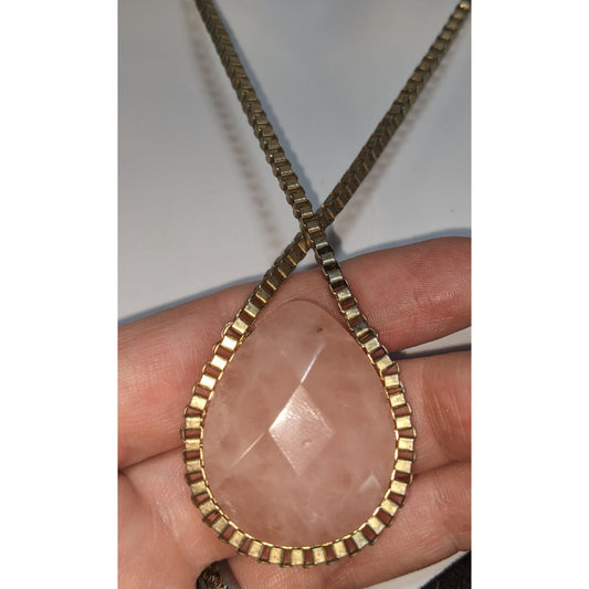Coquette Romantic Rose Quartz Gold Teardrop Statement Pendant Necklace