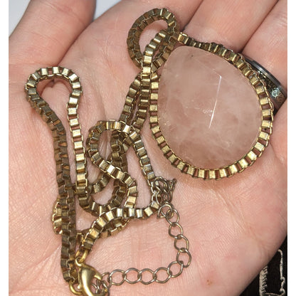 Coquette Romantic Rose Quartz Gold Teardrop Statement Pendant Necklace