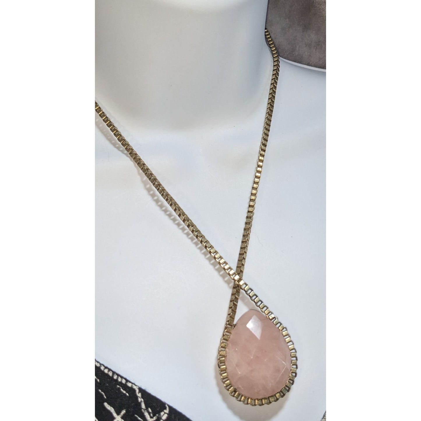 Coquette Romantic Rose Quartz Gold Teardrop Statement Pendant Necklace