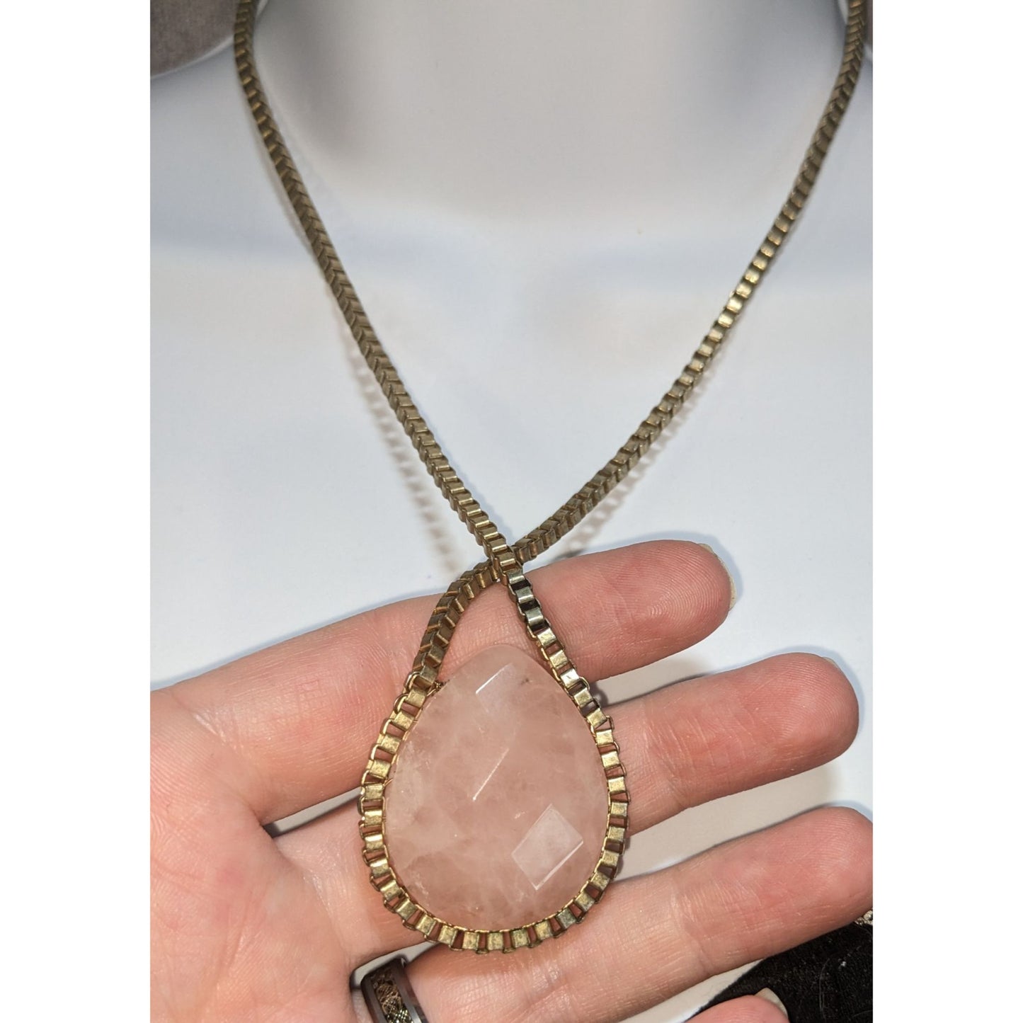 Coquette Romantic Rose Quartz Gold Teardrop Statement Pendant Necklace