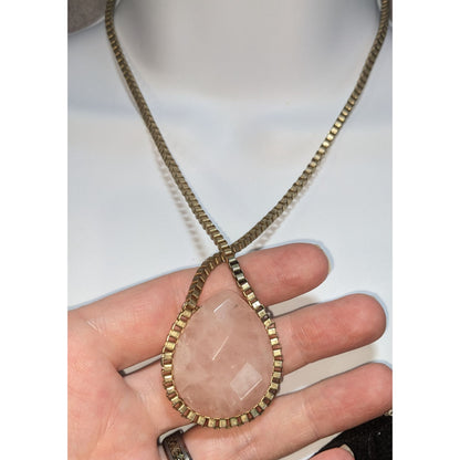 Coquette Romantic Rose Quartz Gold Teardrop Statement Pendant Necklace