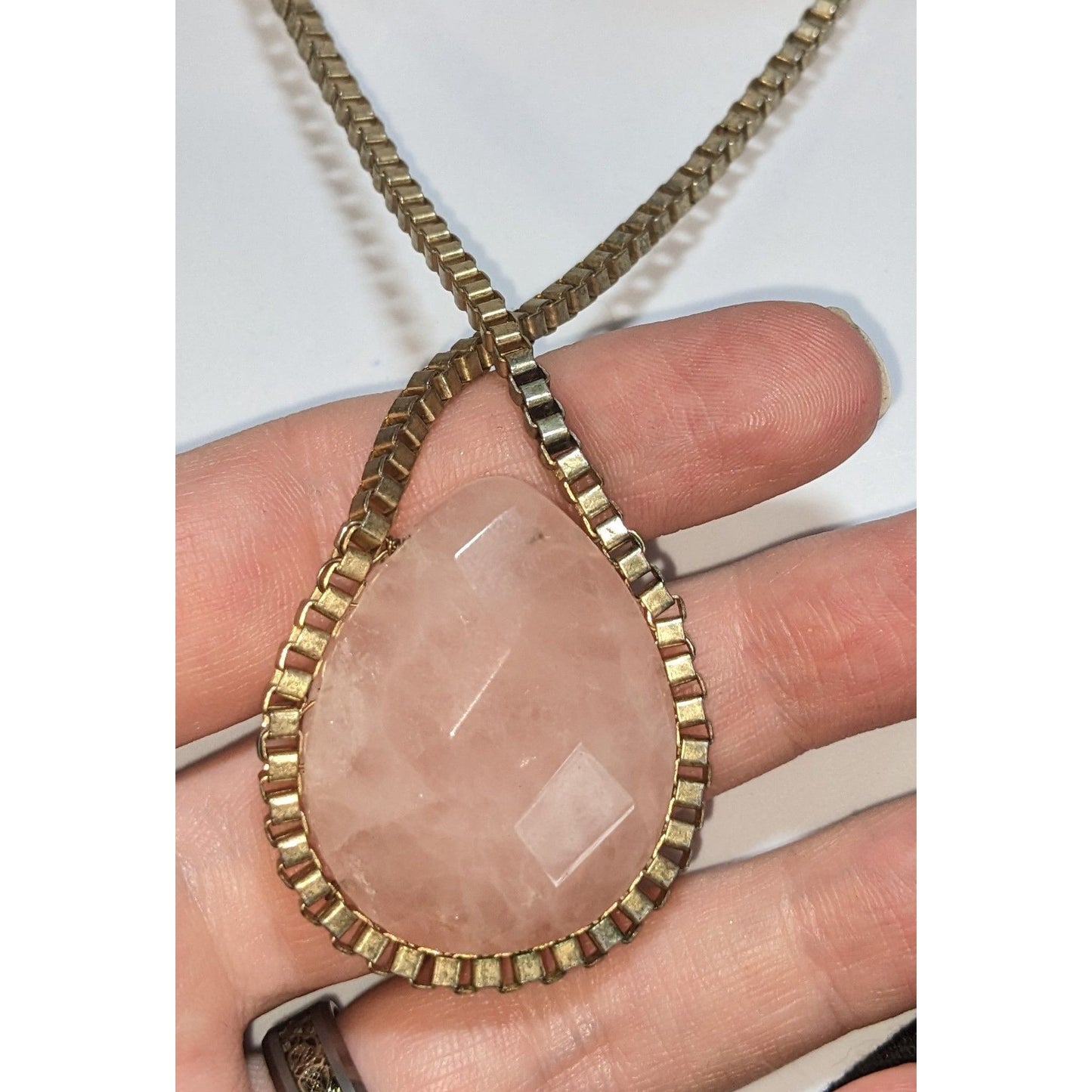 Coquette Romantic Rose Quartz Gold Teardrop Statement Pendant Necklace