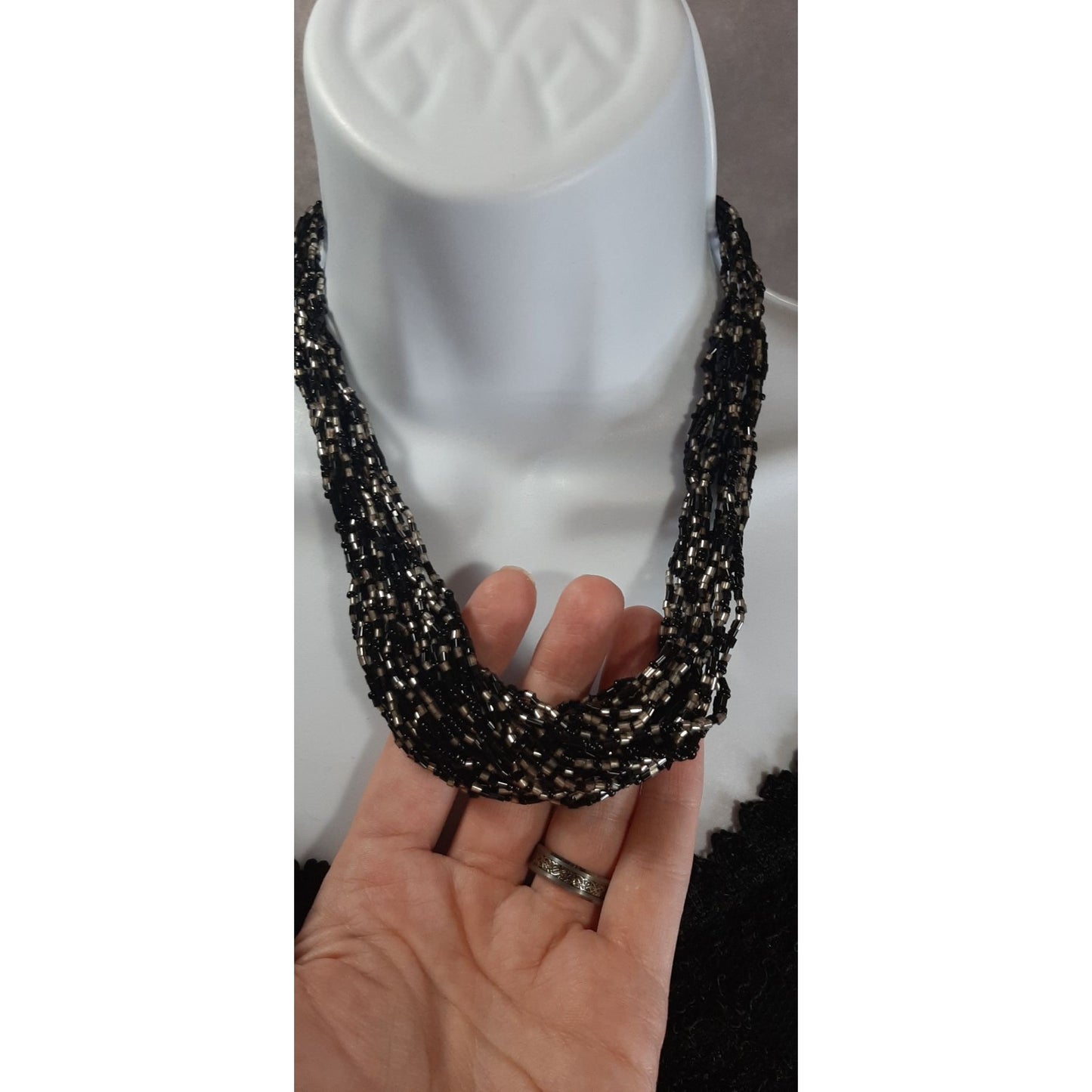 Vintage 90s Coldwater Creek Black And Silver Tone Beaded Necklace
