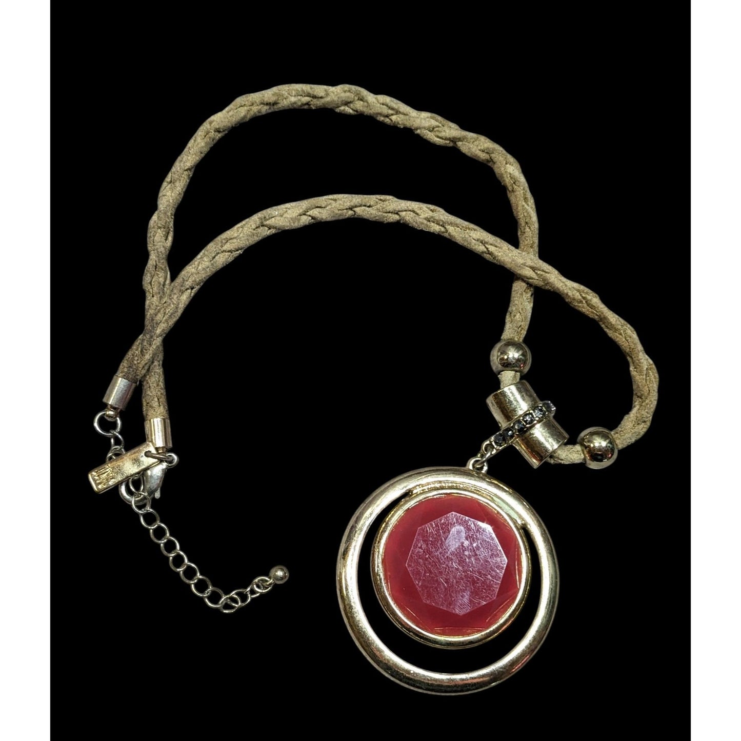 INC Red Gemmed Medallion Necklace On Tan Suede Braided Cord