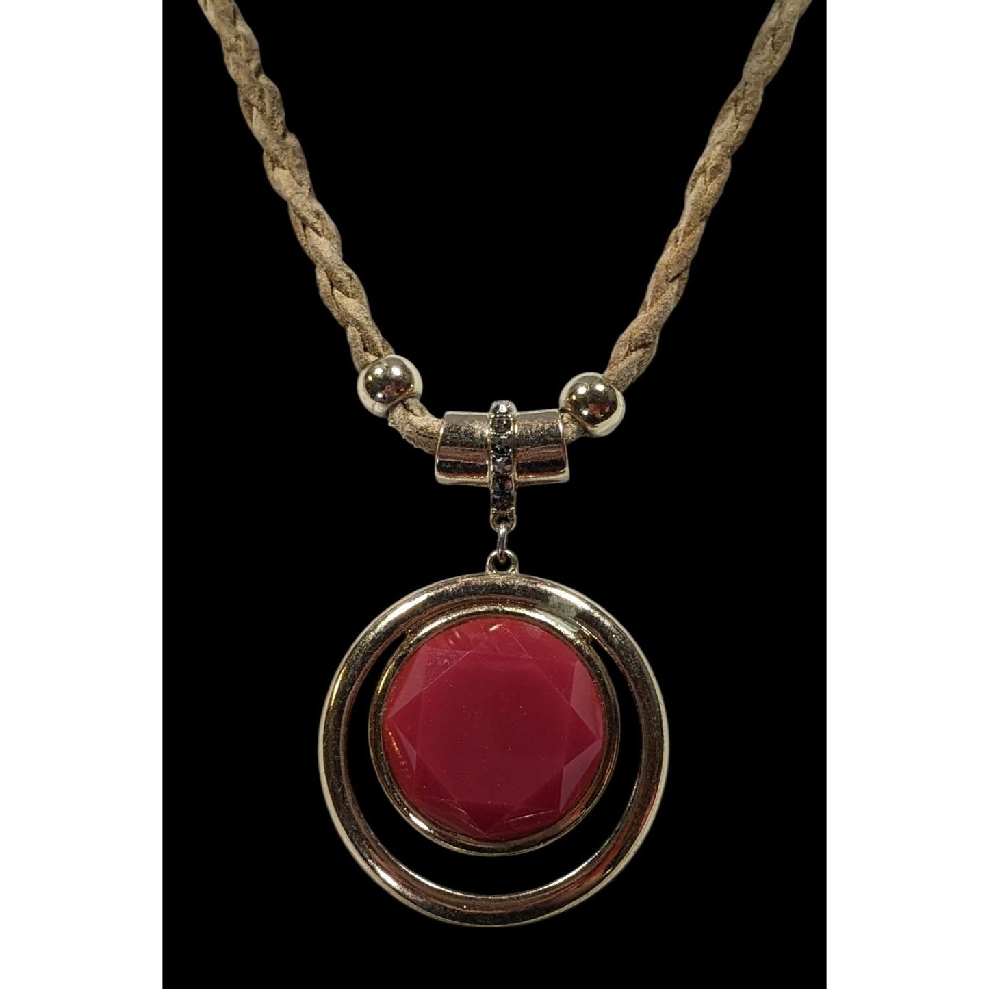 INC Red Gemmed Medallion Necklace On Tan Suede Braided Cord