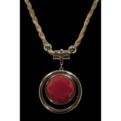 INC Red Gemmed Medallion Necklace On Tan Suede Braided Cord