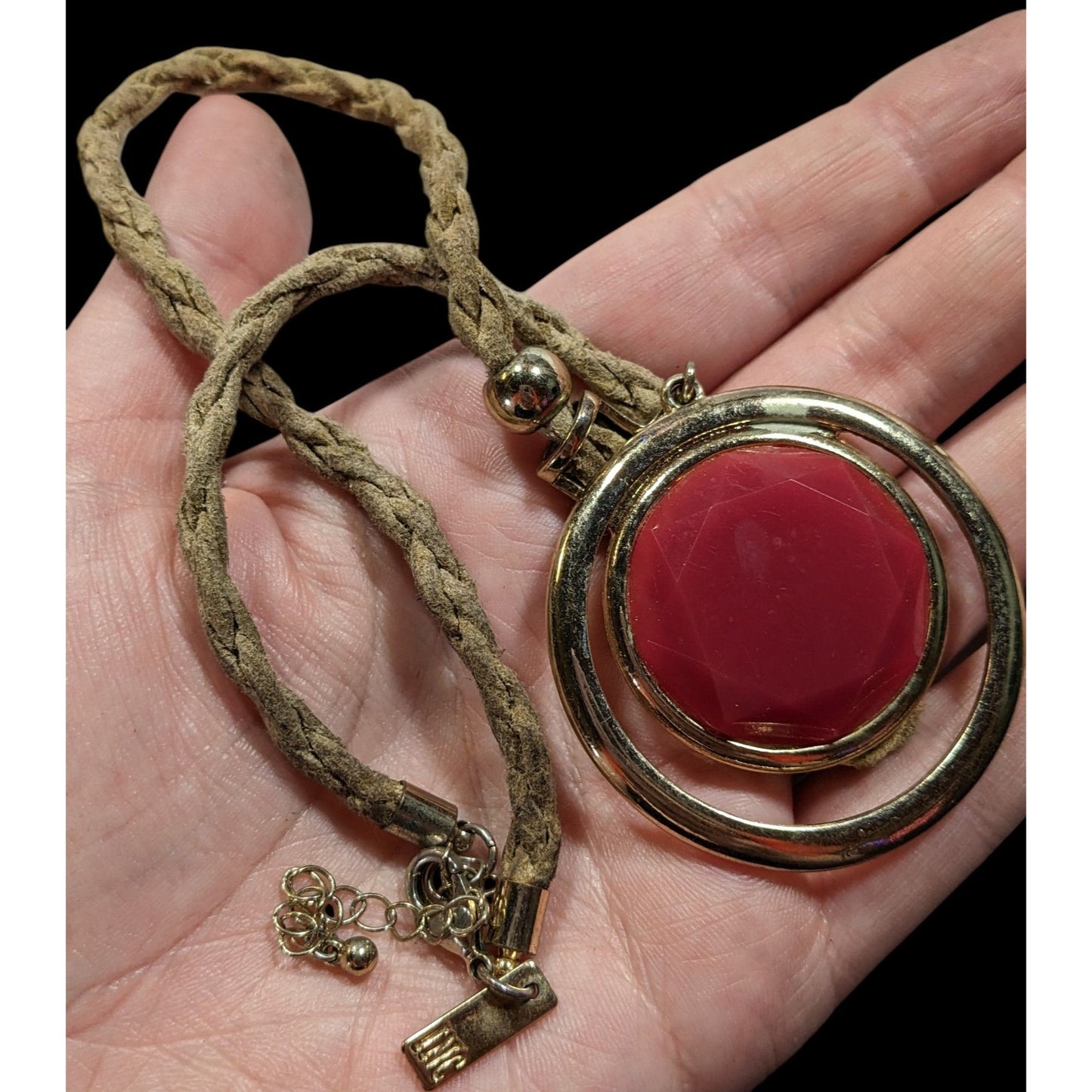 INC Red Gemmed Medallion Necklace On Tan Suede Braided Cord