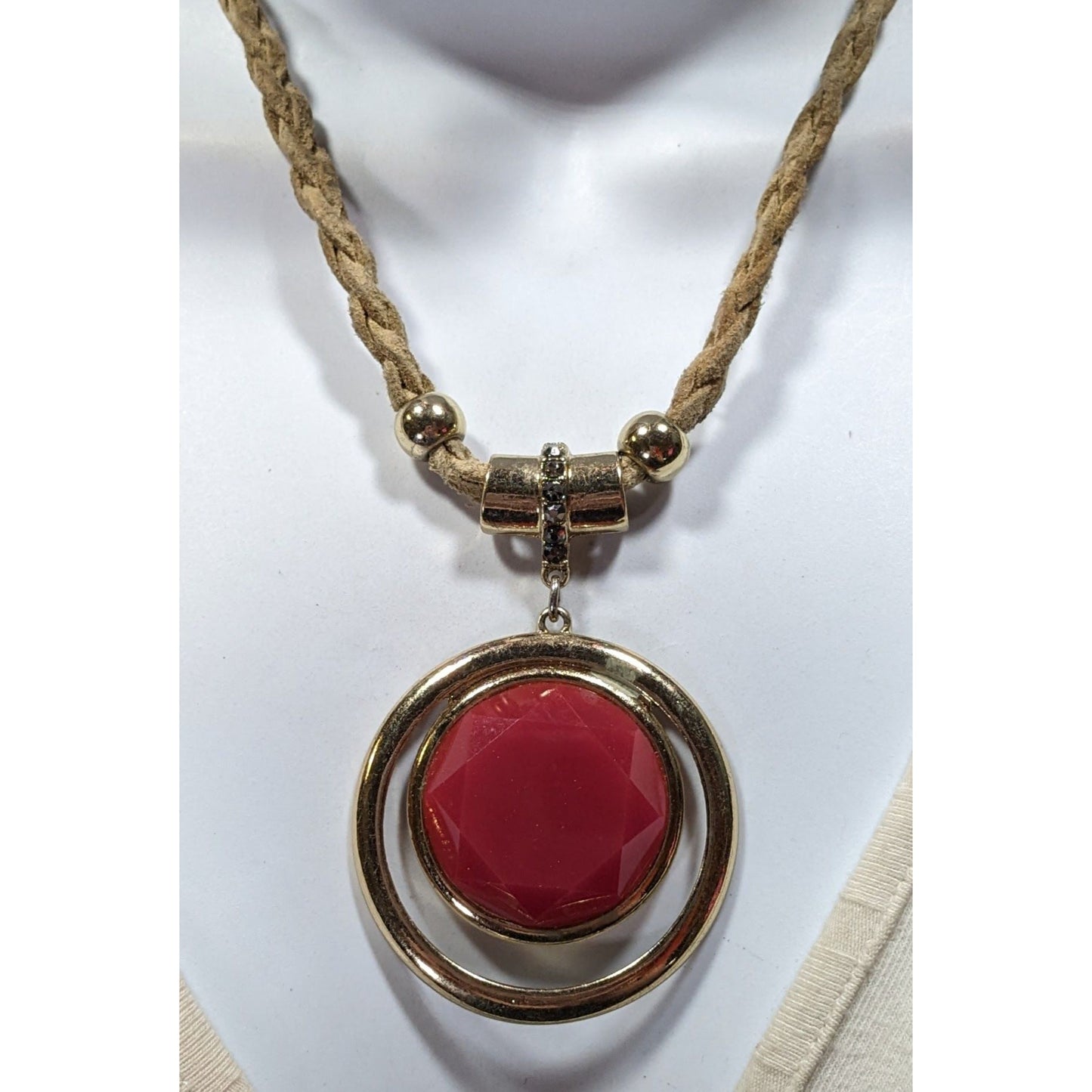 INC Red Gemmed Medallion Necklace On Tan Suede Braided Cord