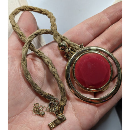 INC Red Gemmed Medallion Necklace On Tan Suede Braided Cord