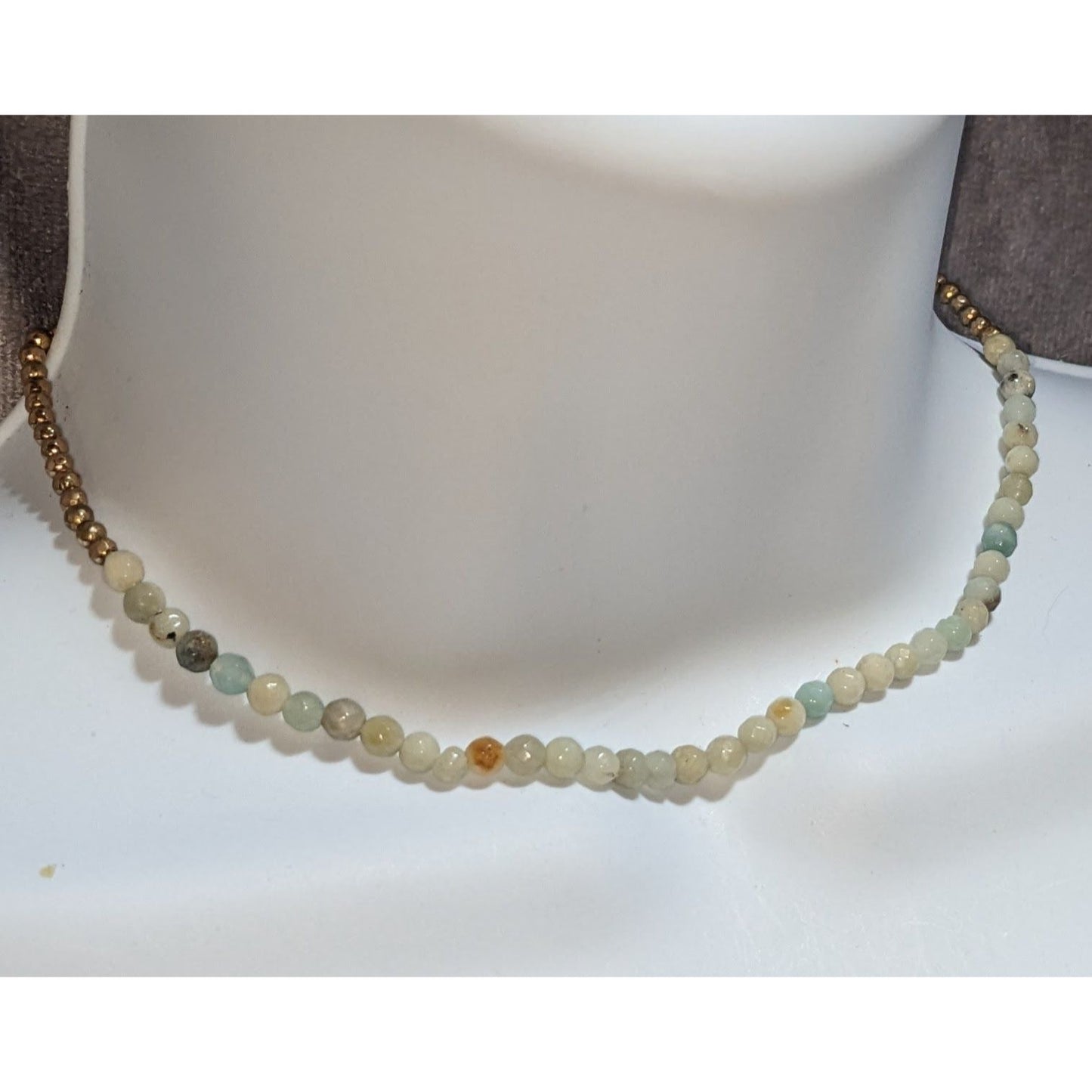 Natural Amazonite Minimalist Necklace With Brass Beads & Extender – Adjustable 13-16 Inches
