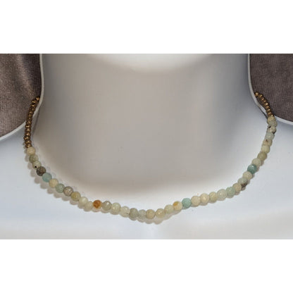 Natural Amazonite Minimalist Necklace With Brass Beads & Extender – Adjustable 13-16 Inches