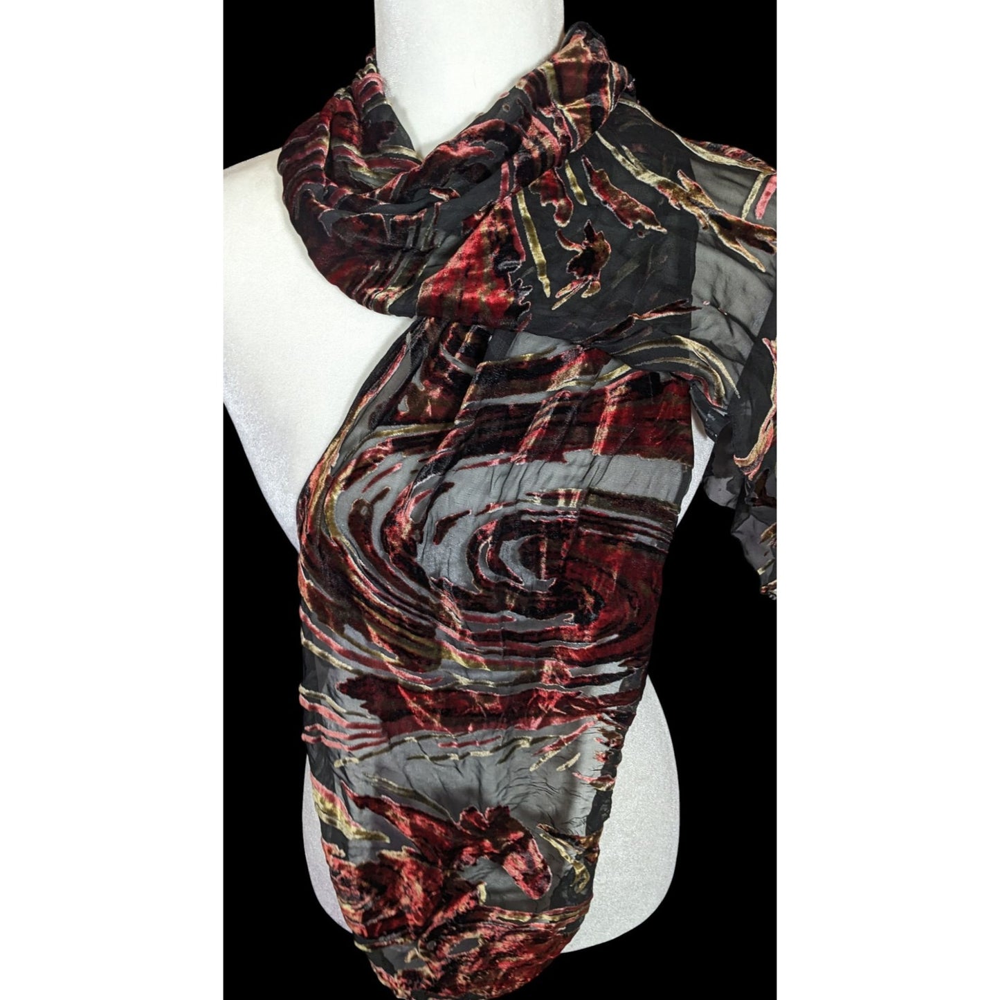 Vintage Abstract Red And Gold Velvet Burnout Scarf