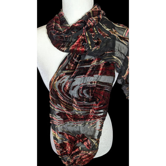 Vintage Abstract Red And Gold Velvet Burnout Scarf