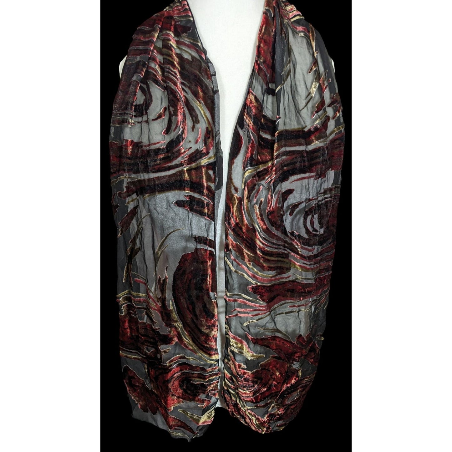 Vintage Abstract Red And Gold Velvet Burnout Scarf