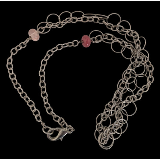 Y2K Minimalist Artsy Silver Tone Double Chain Pink Bead Necklace