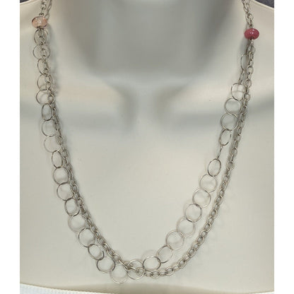 Y2K Minimalist Artsy Silver Tone Double Chain Pink Bead Necklace