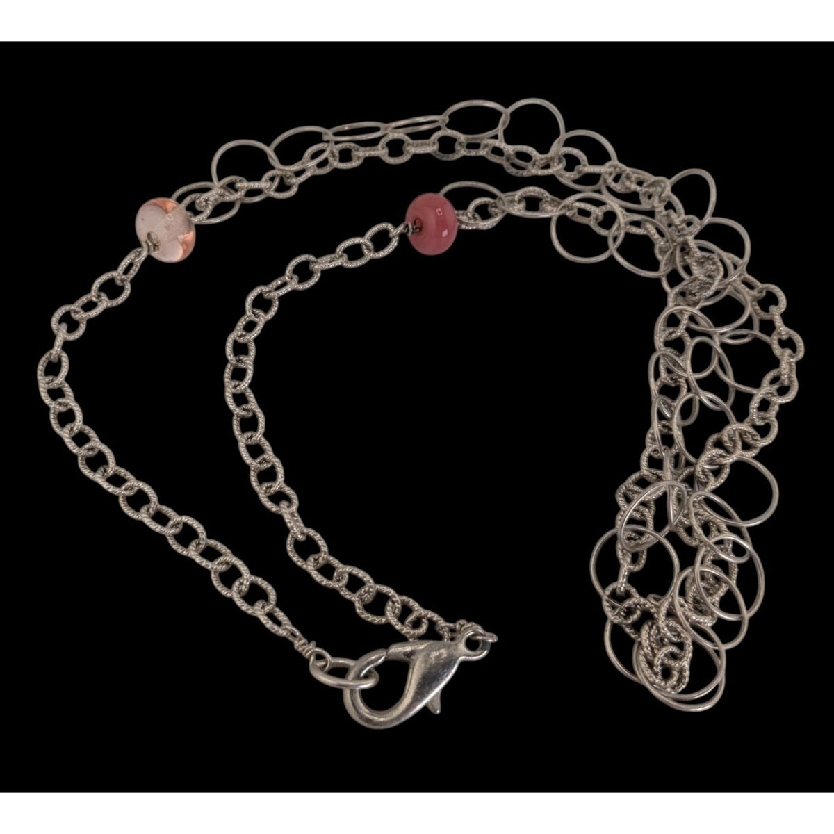 Y2K Minimalist Artsy Silver Tone Double Chain Pink Bead Necklace