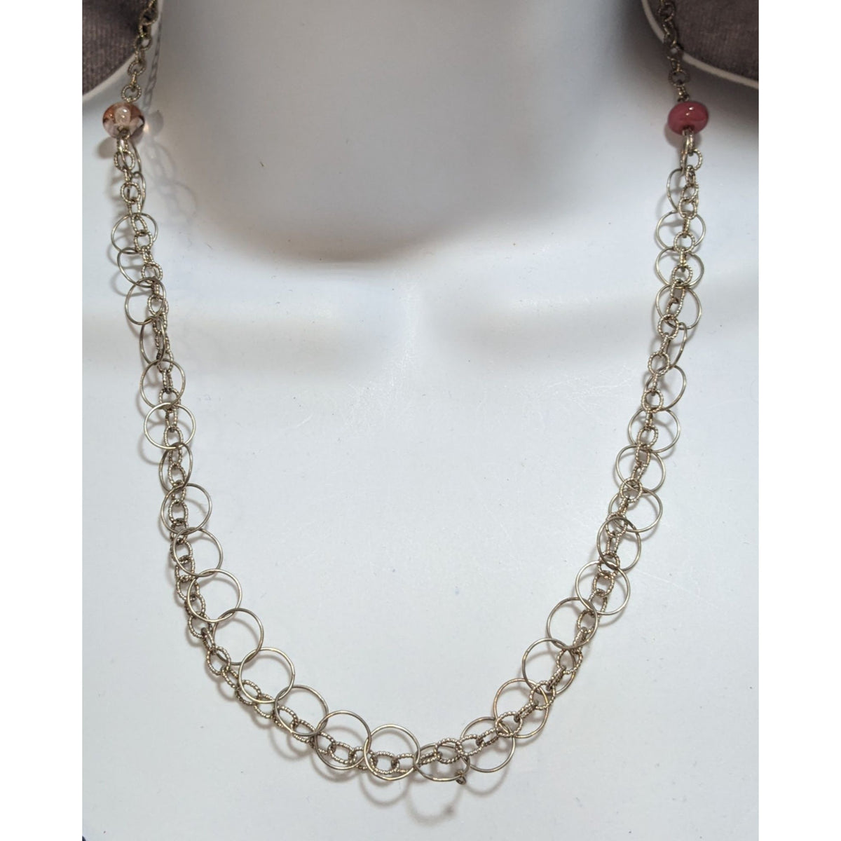 Y2K Minimalist Artsy Silver Tone Double Chain Pink Bead Necklace