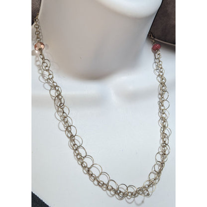 Y2K Minimalist Artsy Silver Tone Double Chain Pink Bead Necklace