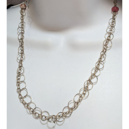 Y2K Minimalist Artsy Silver Tone Double Chain Pink Bead Necklace