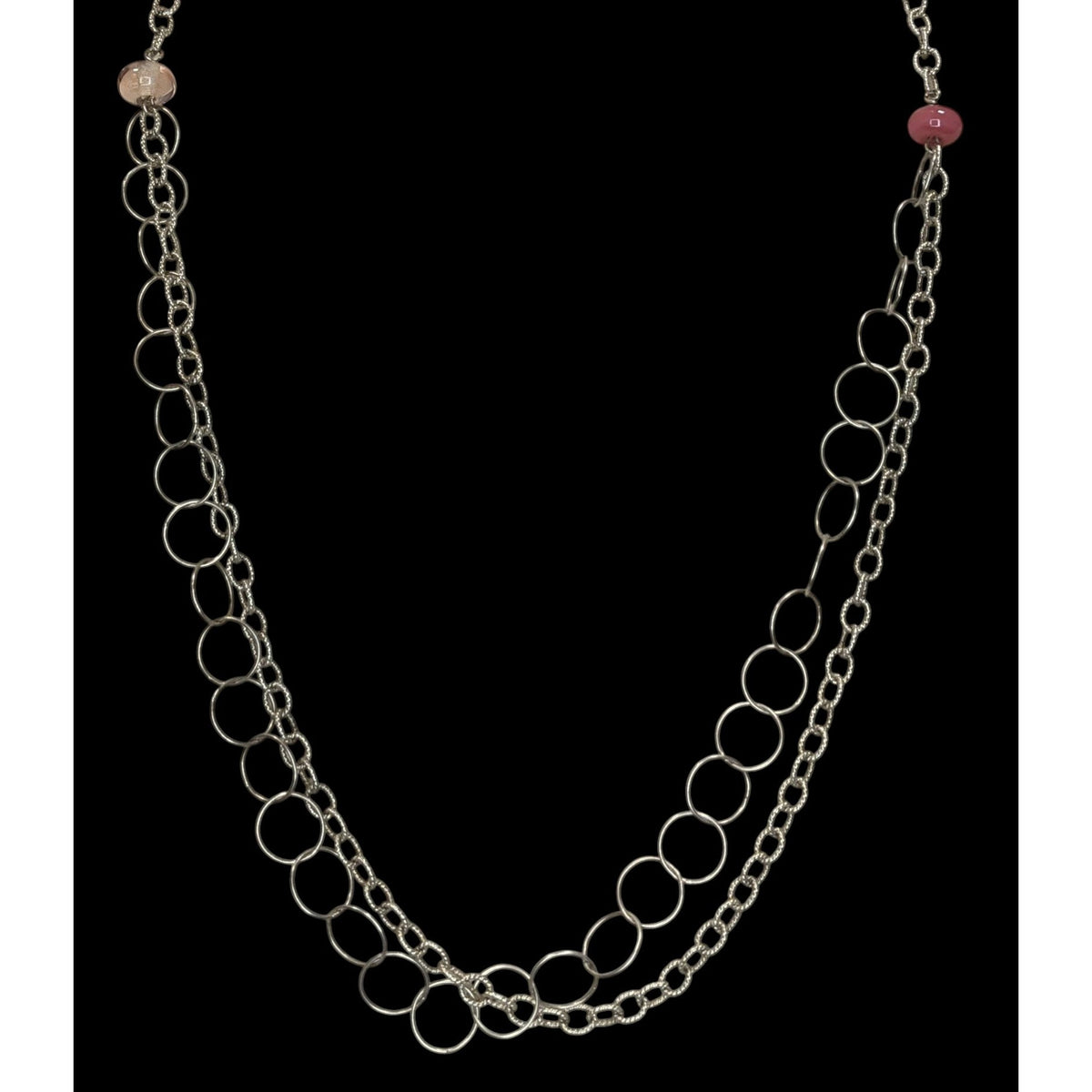 Y2K Minimalist Artsy Silver Tone Double Chain Pink Bead Necklace