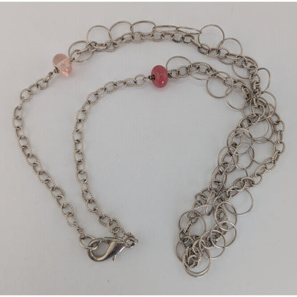 Y2K Minimalist Artsy Silver Tone Double Chain Pink Bead Necklace
