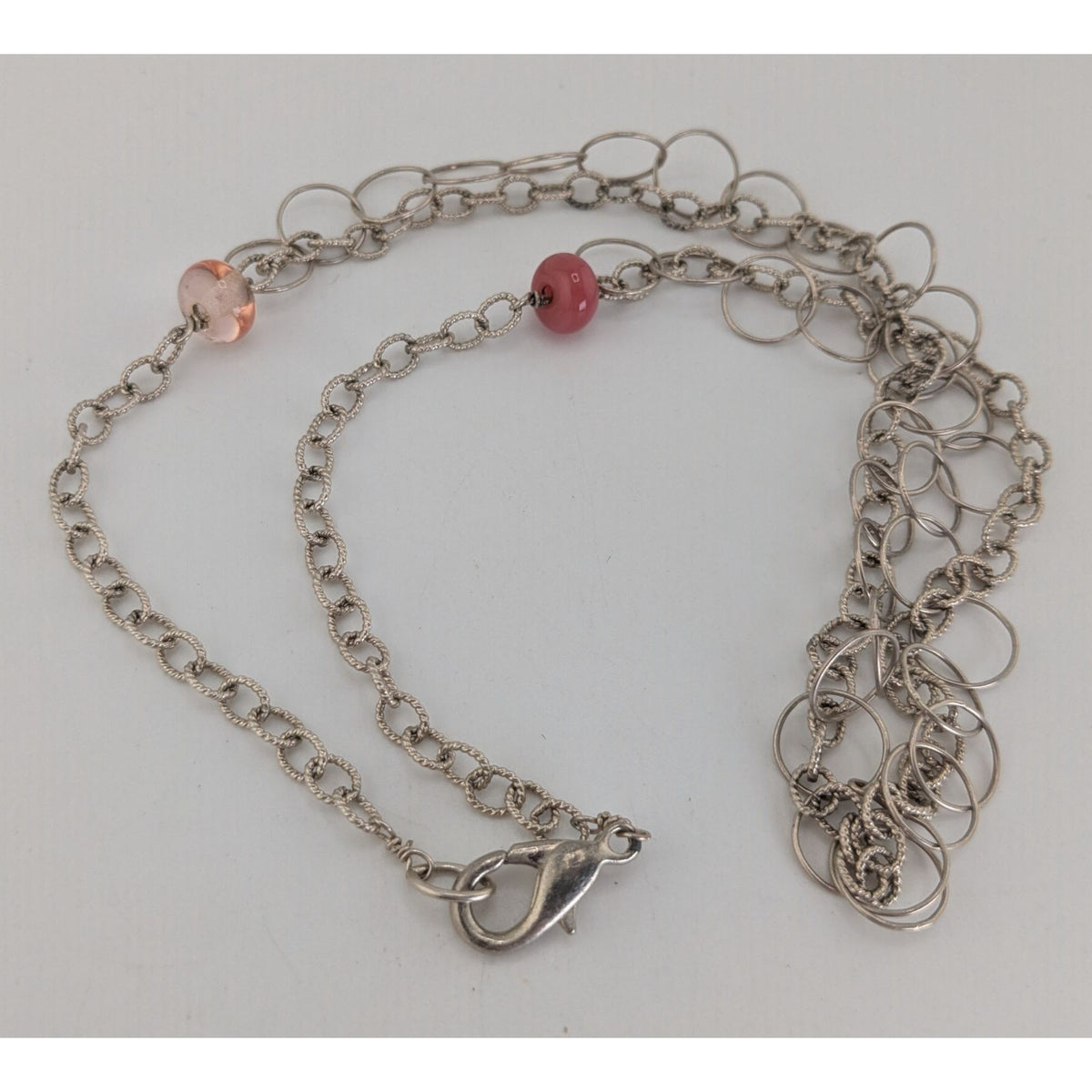 Y2K Minimalist Artsy Silver Tone Double Chain Pink Bead Necklace