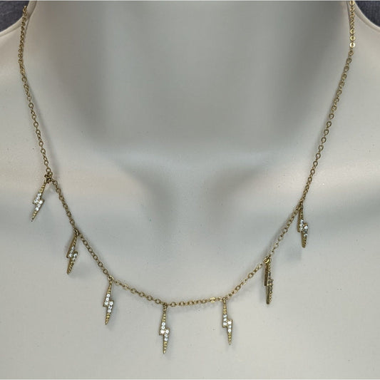 Glam Gold Tone Rhinestone Lightning Bolt Charm Necklace Y2K Rocker Celestial Jewelry