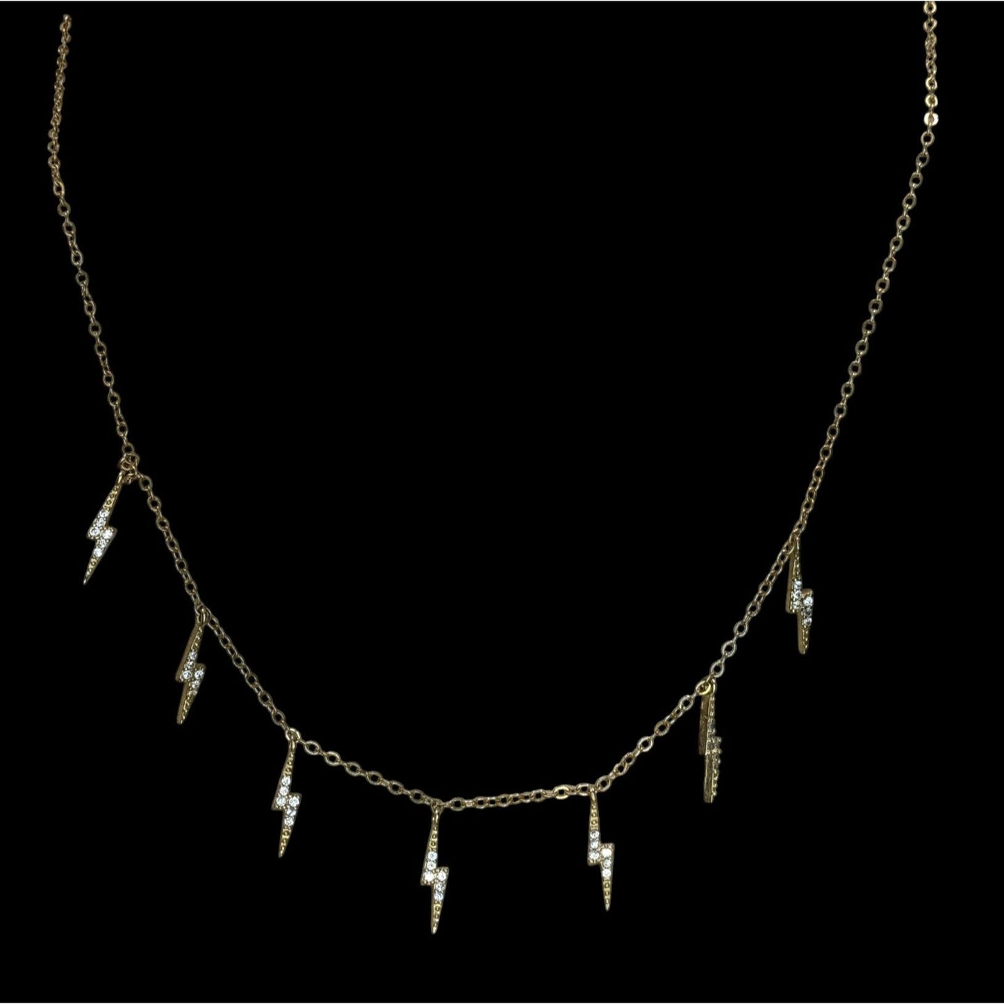 Glam Gold Tone Rhinestone Lightning Bolt Charm Necklace Y2K Rocker Celestial Jewelry
