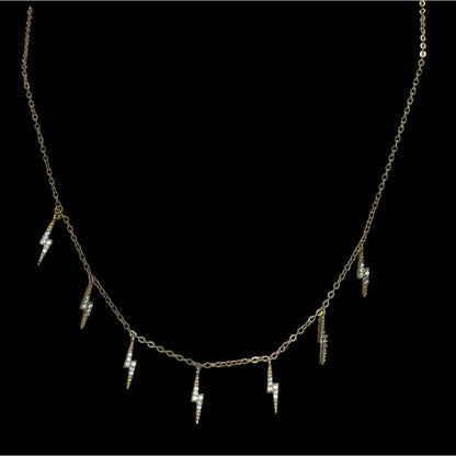 Glam Gold Tone Rhinestone Lightning Bolt Charm Necklace Y2K Rocker Celestial Jewelry