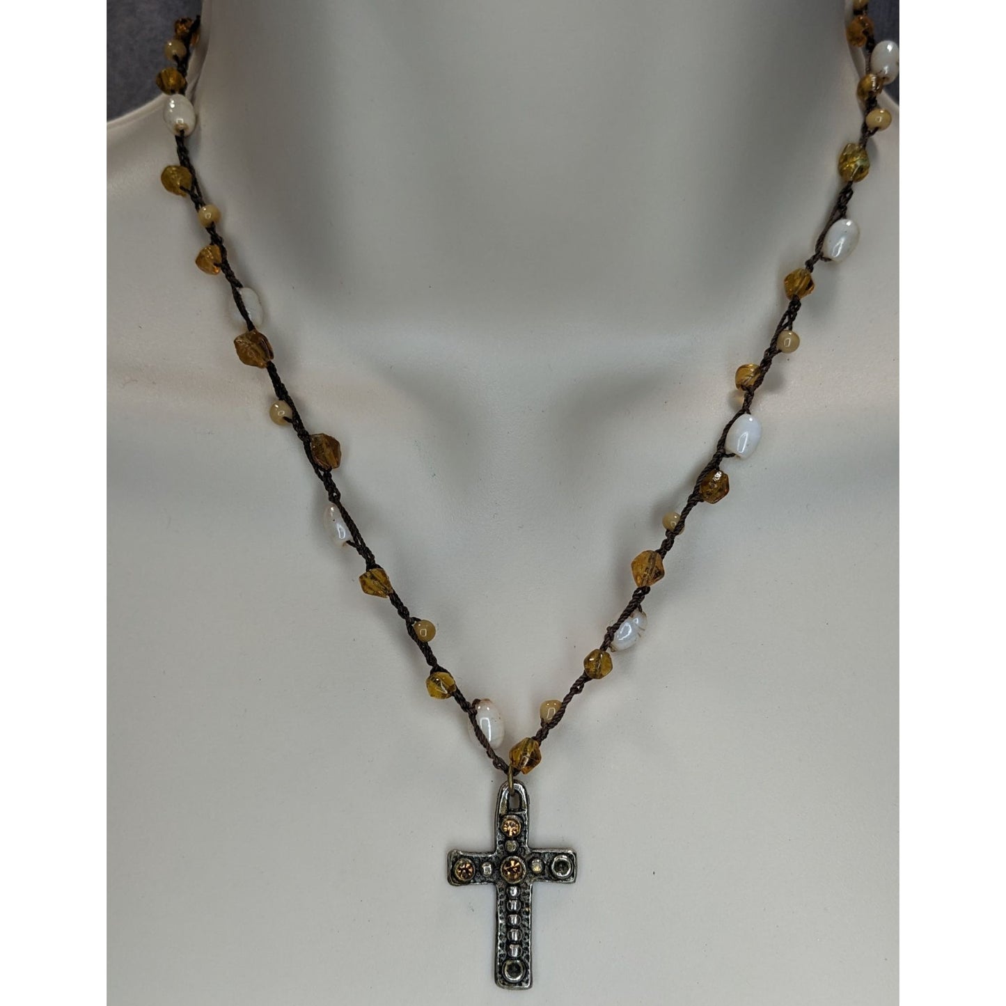 Boho Whimsigoth Express Beaded Cross Pendant Necklace Rustic Amber White Mixed Beads