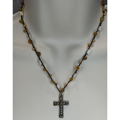 Boho Whimsigoth Express Beaded Cross Pendant Necklace Rustic Amber White Mixed Beads