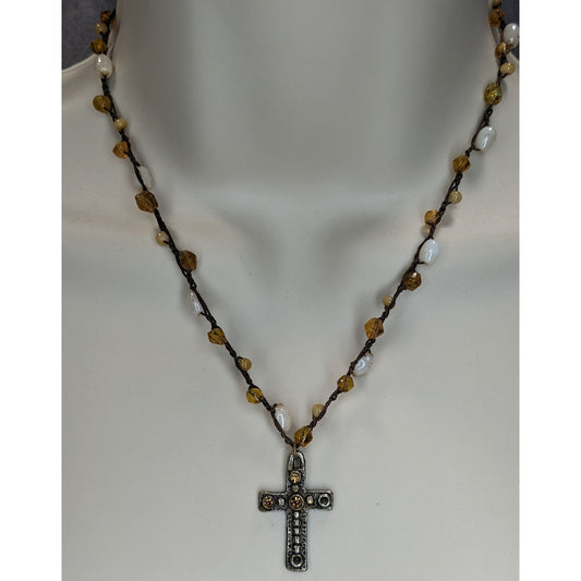 Boho Whimsigoth Express Beaded Cross Pendant Necklace Rustic Amber White Mixed Beads