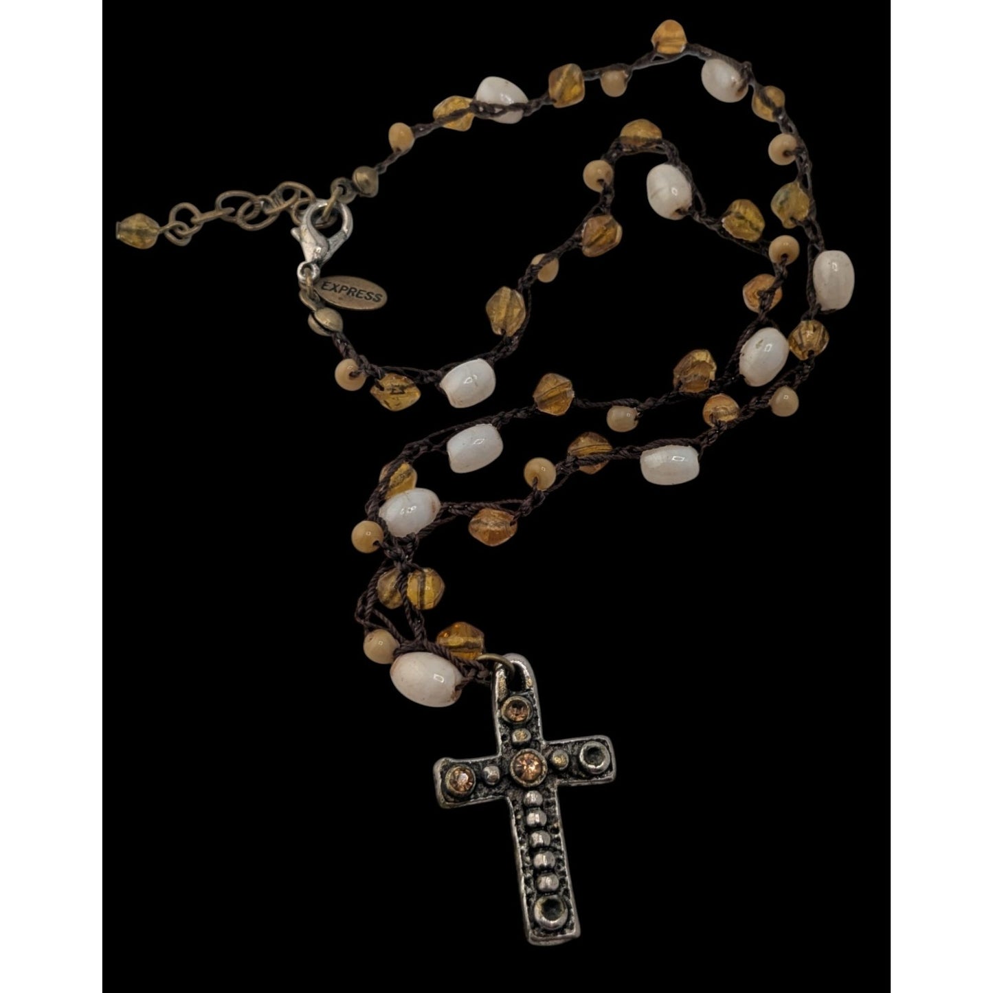 Boho Whimsigoth Express Beaded Cross Pendant Necklace Rustic Amber White Mixed Beads