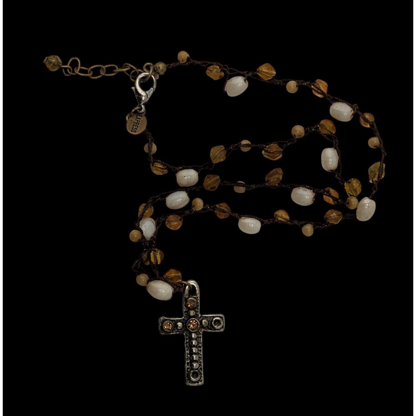 Boho Whimsigoth Express Beaded Cross Pendant Necklace Rustic Amber White Mixed Beads