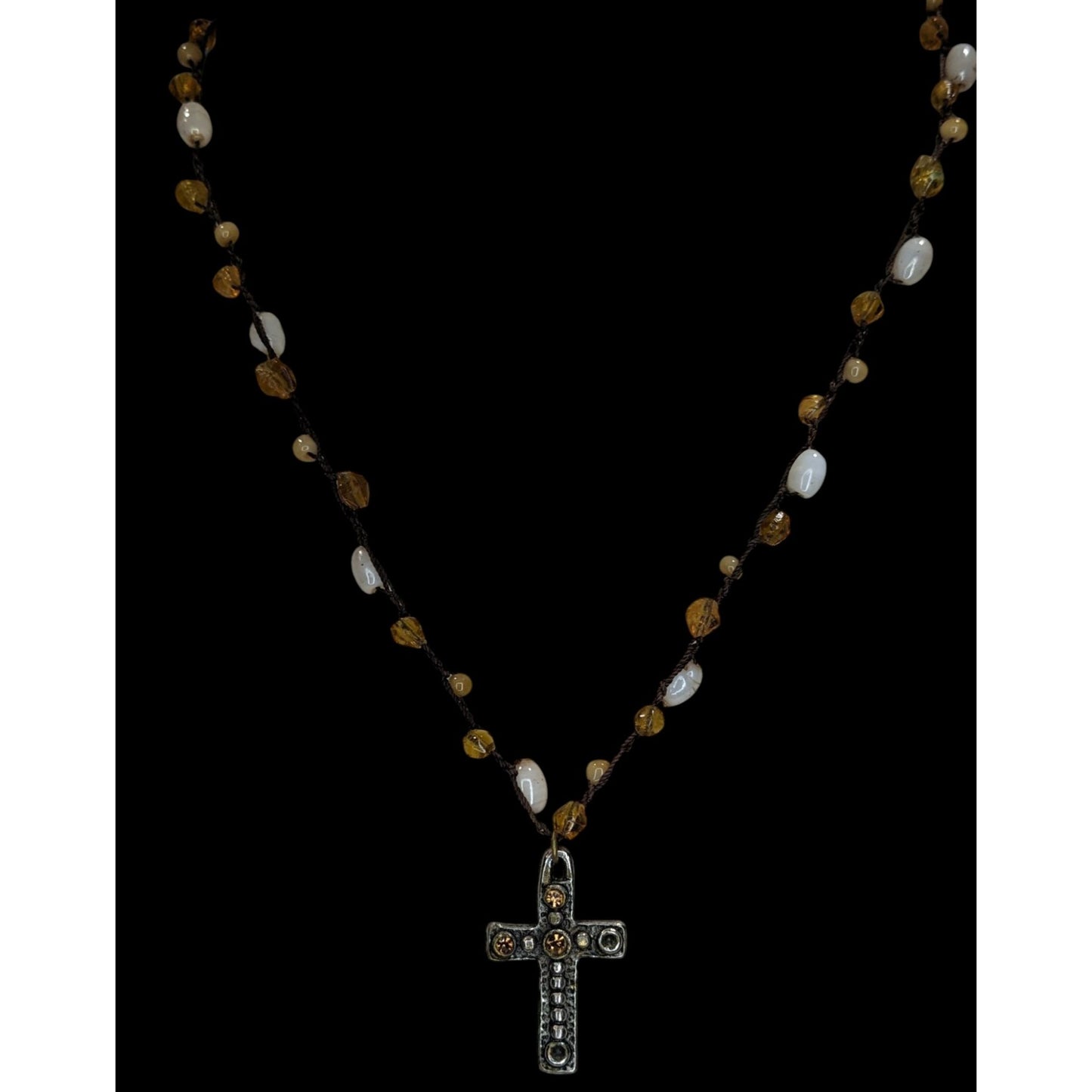 Boho Whimsigoth Express Beaded Cross Pendant Necklace Rustic Amber White Mixed Beads