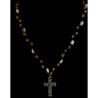 Boho Whimsigoth Express Beaded Cross Pendant Necklace Rustic Amber White Mixed Beads