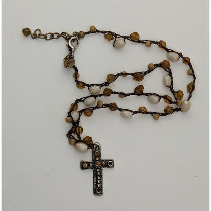 Boho Whimsigoth Express Beaded Cross Pendant Necklace Rustic Amber White Mixed Beads