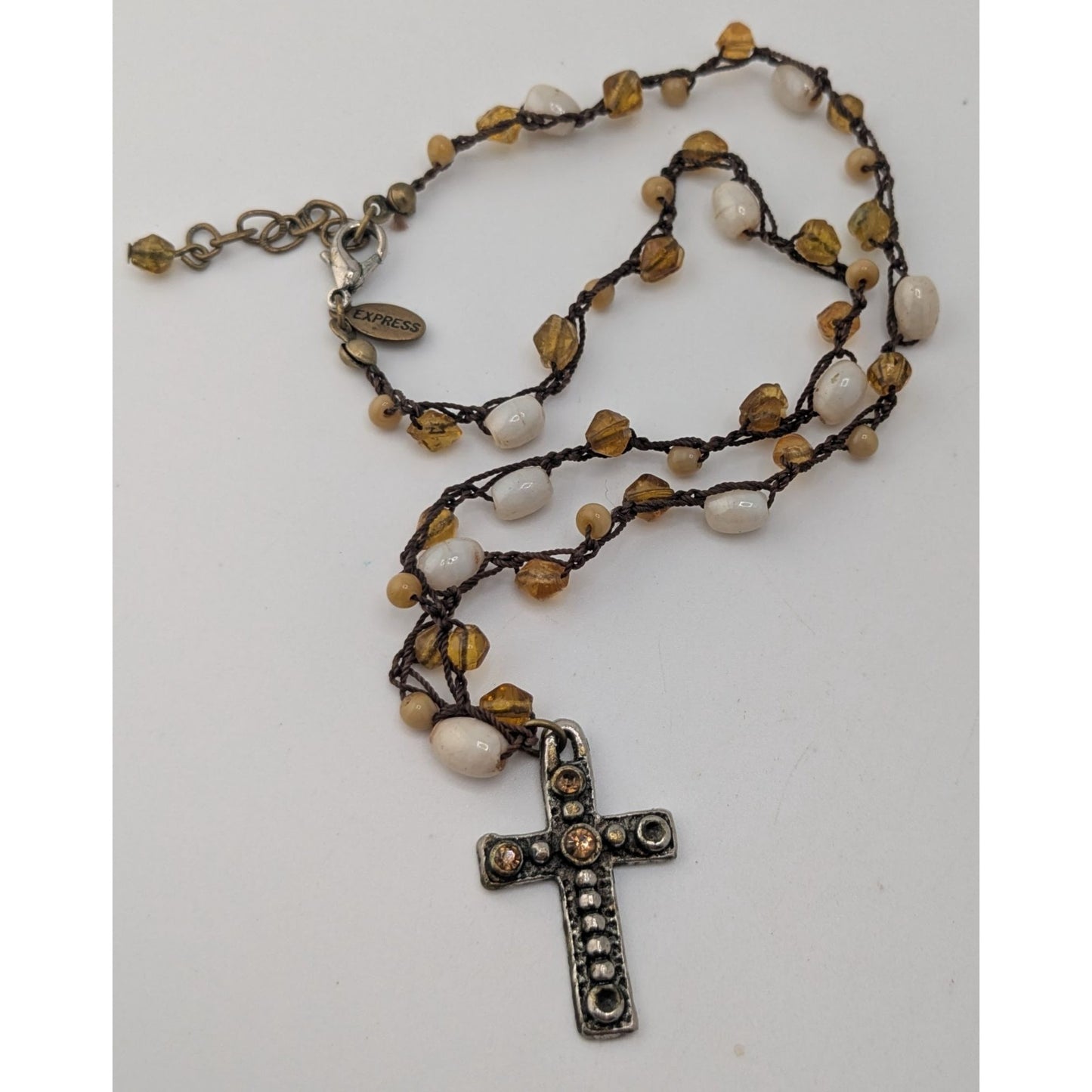 Boho Whimsigoth Express Beaded Cross Pendant Necklace Rustic Amber White Mixed Beads