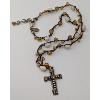 Boho Whimsigoth Express Beaded Cross Pendant Necklace Rustic Amber White Mixed Beads