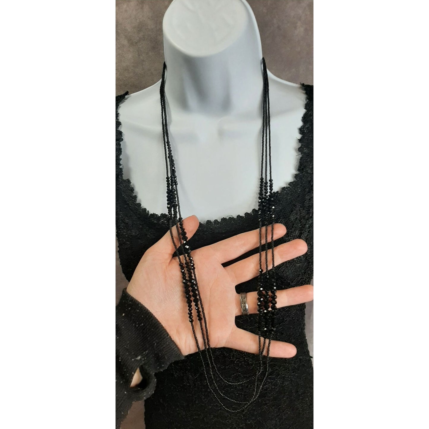 Glam Goth Black Multi-Strand Beaded Necklace With Faceted Beads
