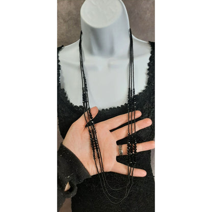 Glam Goth Black Multi-Strand Beaded Necklace With Faceted Beads