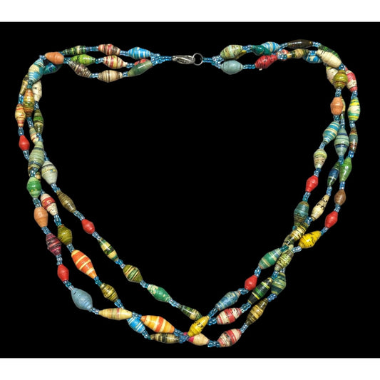 Handmade Multicolor Paper Bead Triple Layer Necklace