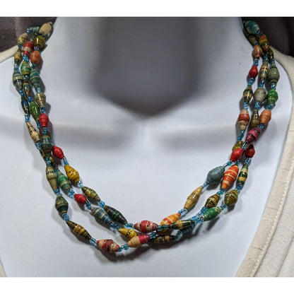 Handmade Multicolor Paper Bead Triple Layer Necklace