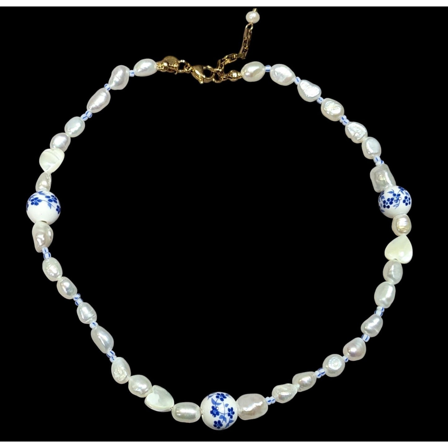 Elegant Freshwater Pearl And Porcelain Floral Beaded Necklace