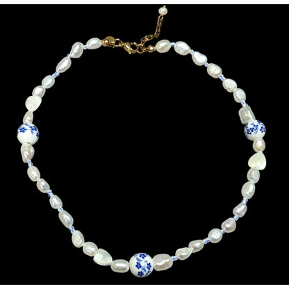 Elegant Freshwater Pearl And Porcelain Floral Beaded Necklace