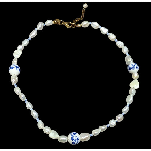 Elegant Freshwater Pearl And Porcelain Floral Beaded Necklace