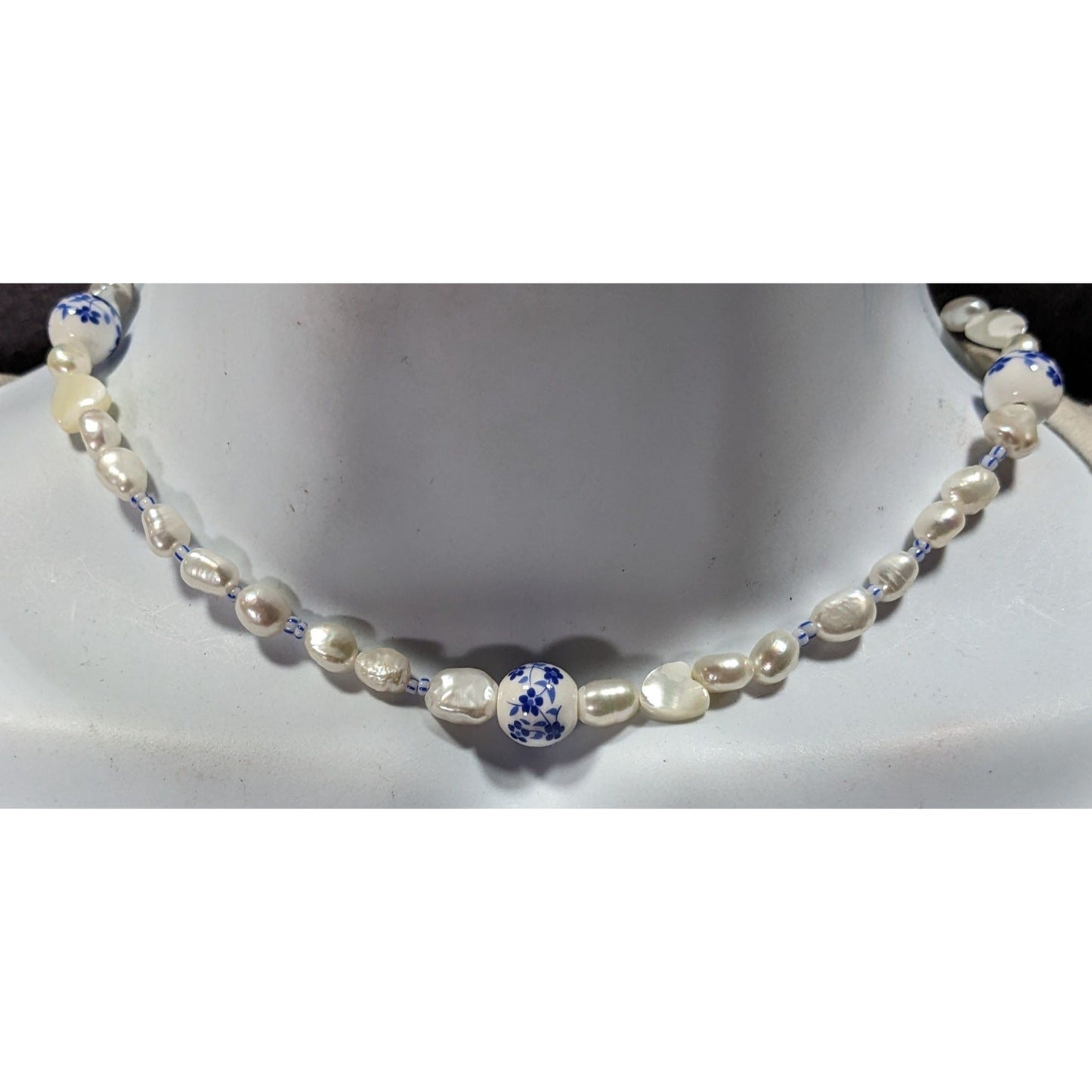 Elegant Freshwater Pearl And Porcelain Floral Beaded Necklace