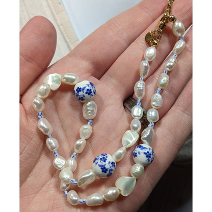 Elegant Freshwater Pearl And Porcelain Floral Beaded Necklace