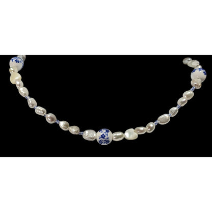 Elegant Freshwater Pearl And Porcelain Floral Beaded Necklace